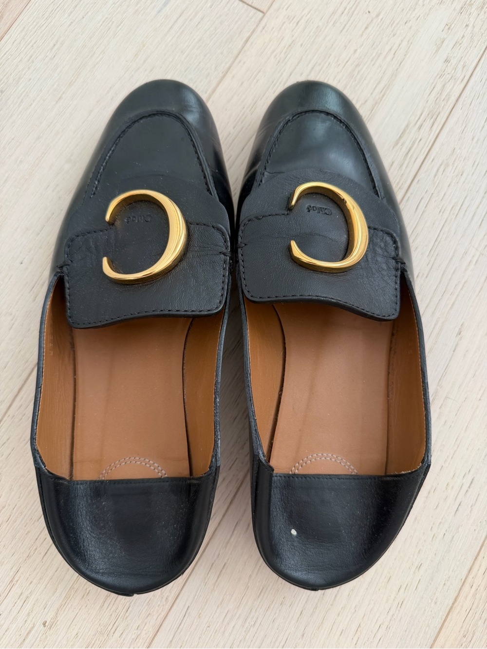 Chloe Black Leather Loafers with Gold crescent Detail